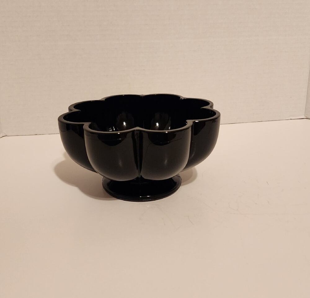Antique Fenton Black Glass Footed Ribbed Melon 6.5" Candy Bowl/Dish